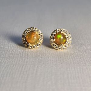 VTG 18K / 925 Natural 'Galinieri' Fire Opal .85cts & Zircon Stud Earrings